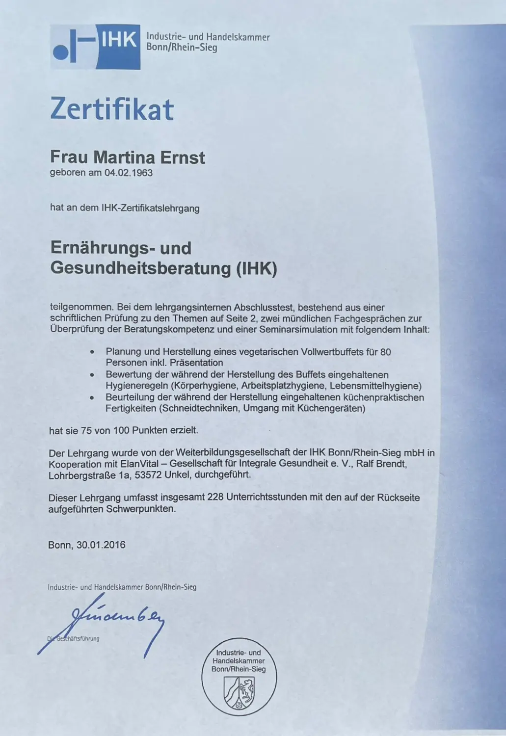 Vitalelebensweise - Martina Ernst, Zertifikat