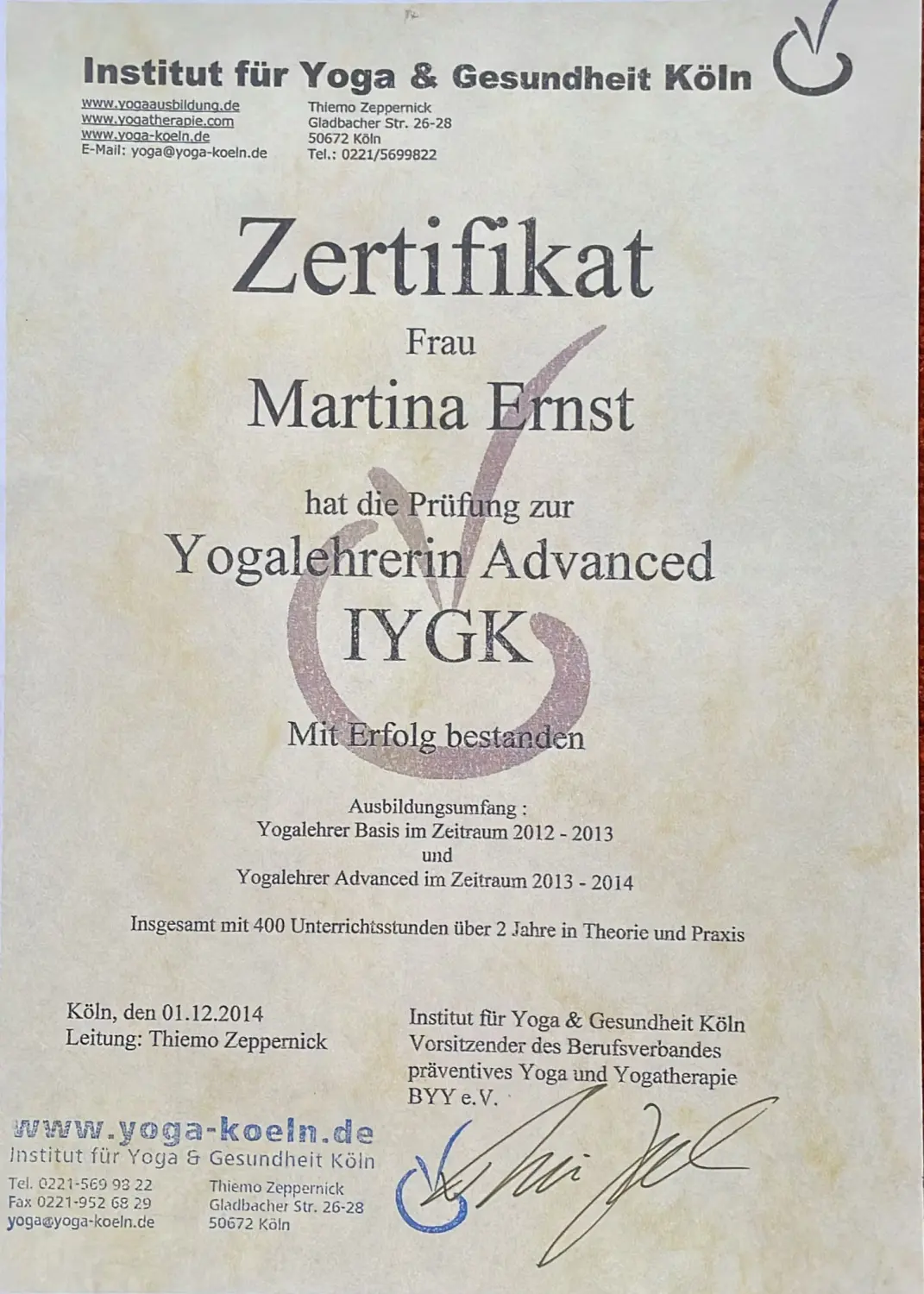 Vitalelebensweise - Martina Ernst, Zertifikat