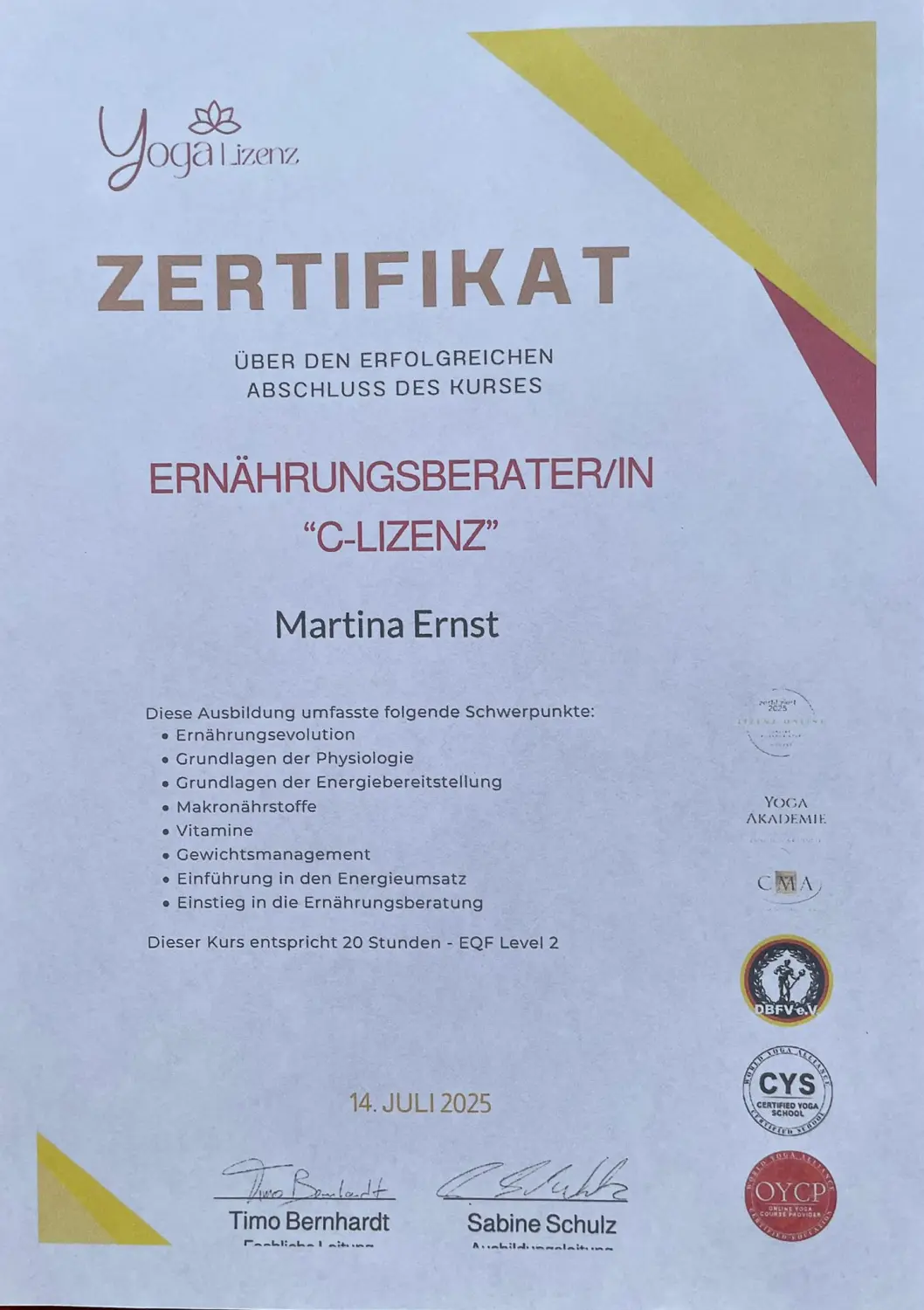 Vitalelebensweise - Martina Ernst, Zertifikat