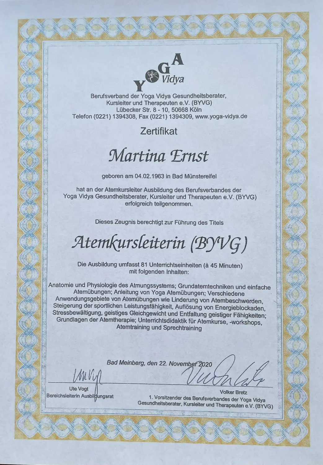 Vitalelebensweise - Martina Ernst, Zertifikat