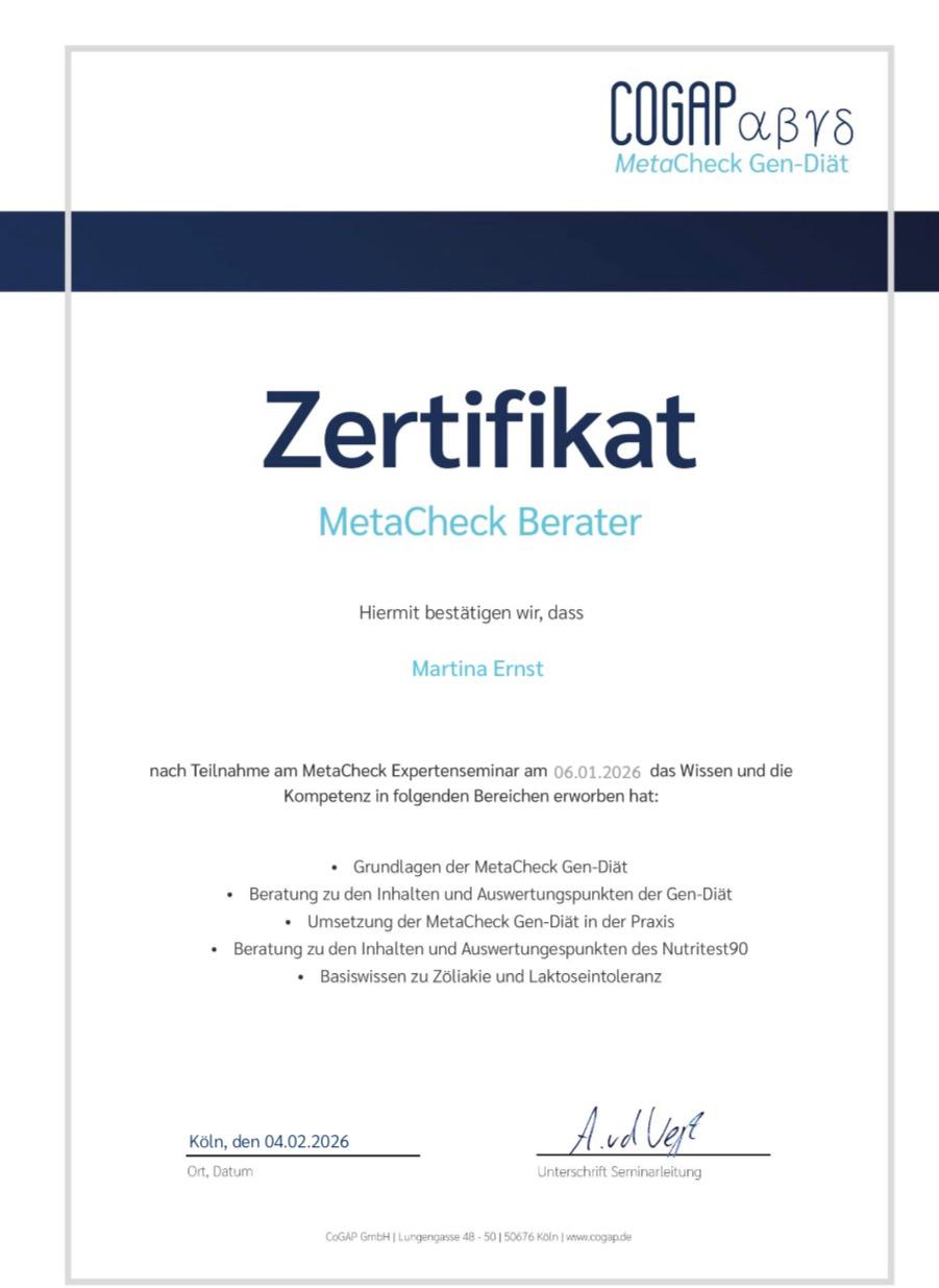 Vitalelebensweise - Martina Ernst, Zertifikat
